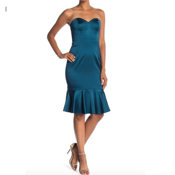 Trina Turk teal blue strapless ruffle hem midi dress size 10 NWT - Picture 1 of 15